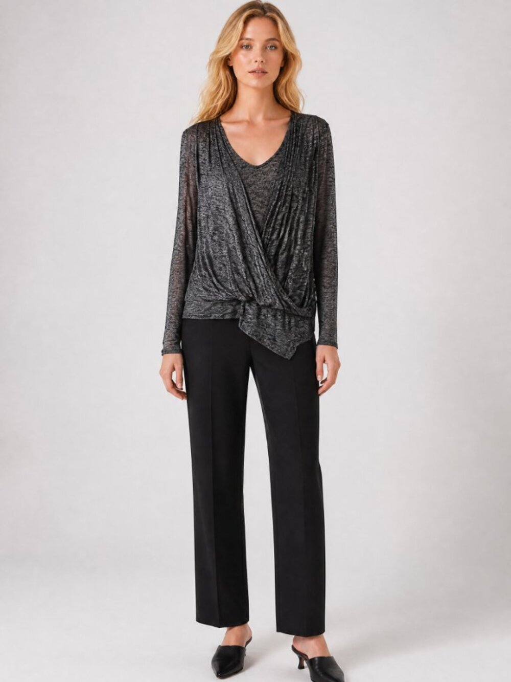 White House Black Market Black and Silver Drape Front Knit Top XL